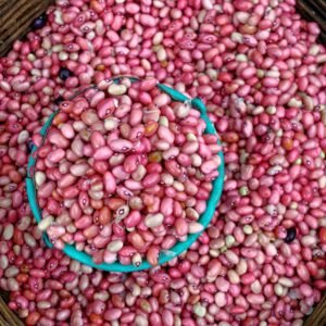 Top view of a basket filled with vibrant pink beans, highlighting their fresh and natural appeal.